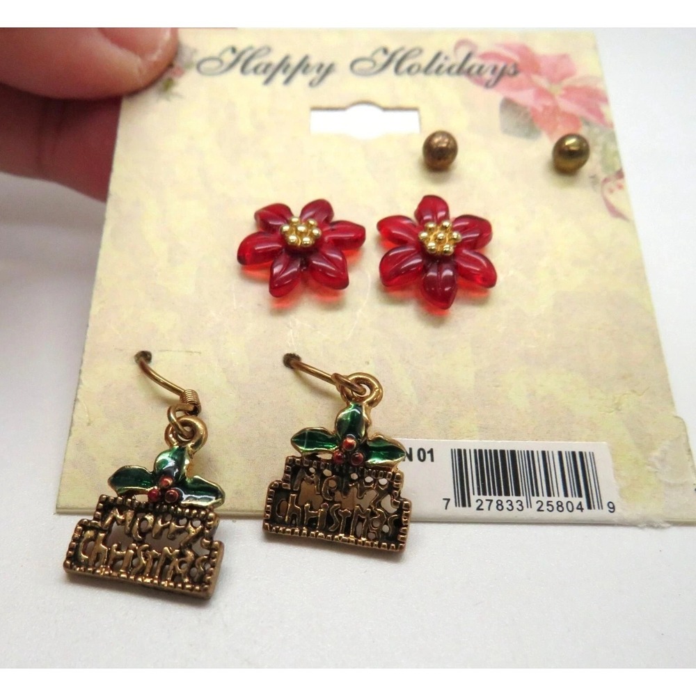 Happy Holidays Christmas Earrings Set Poinsettia Studs &‎ Merry Christmas Drops
